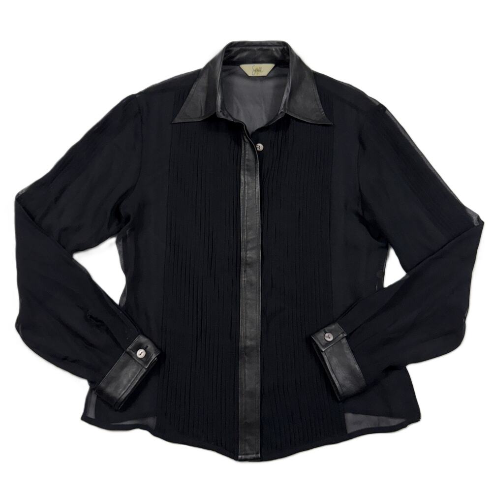 SAGAIE 90s VTG Paris black sheer long-sleeve tuxedo-style blouse leather trim - Picture 2 of 15